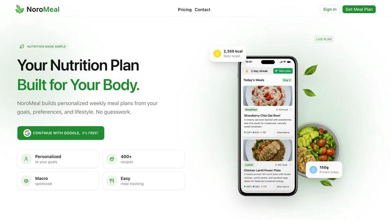 NoroMeal application interface and features